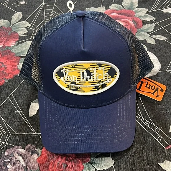 NWT VON DUTCH NAVY/YELLOW PLAID TRUCKER SNAPBACK HAT CAP